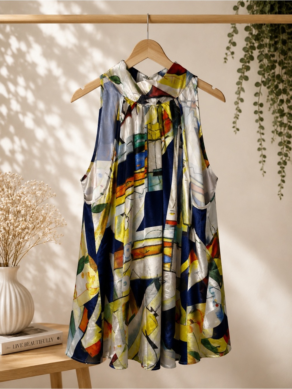 Meaneor| Abstract Print Sleeveless Satin Blouse in Multi-Color| XXL